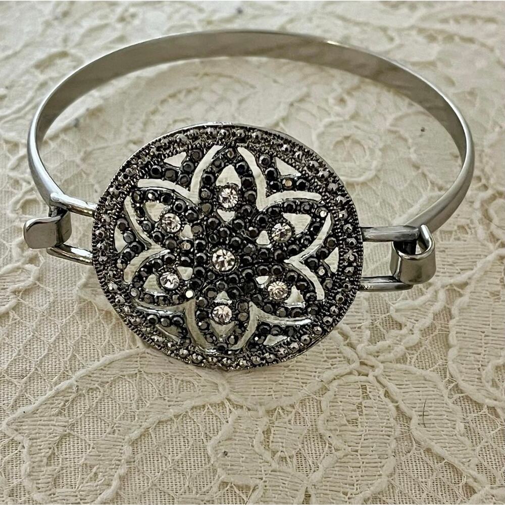 Vintage Silver Tone black Marcasite & Crystal Flower Bangle Bracelet for Women